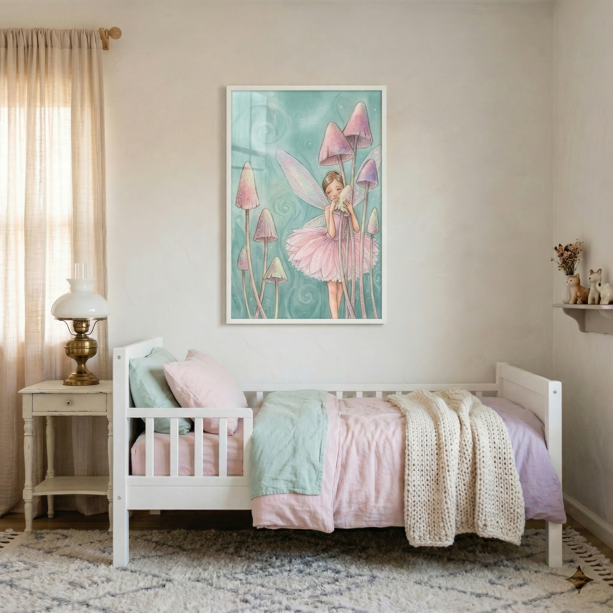 A serene child's bedroom features a white wooden daybed with soft pink and mint green bedding and a cream knit throw. A large framed illustration hangs above, depicting a whimsical fairy in a pink tutu standing among tall pink mushrooms against a teal background. A white nightstand to the left holds a brass lamp with a white globe. The room is finished with sheer beige curtains and a textured grey rug, creating a dreamy, gentle atmosphere.