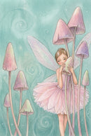 Soft watercolor illustration of a tiny fairy in a pale pink petal dress standing among tall pastel mushrooms. She has large translucent wings and holds one mushroom close to her face while soft teal swirls and faint sparkles in the background give the scene a gentle enchanted forest feel.

