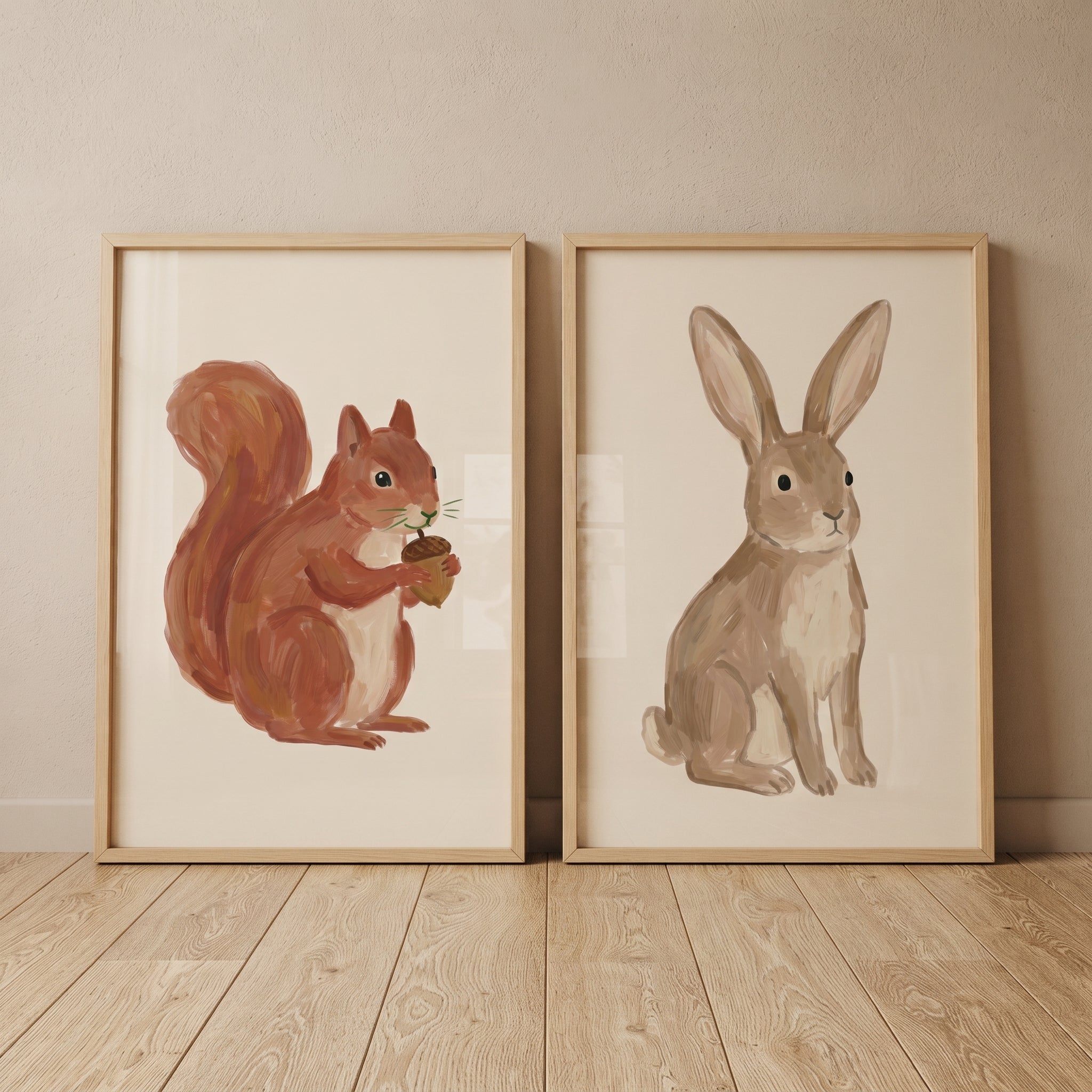 Tan Brushstroke Woodland Animals Wall Art Set of 2 - Forest Friend Sketches