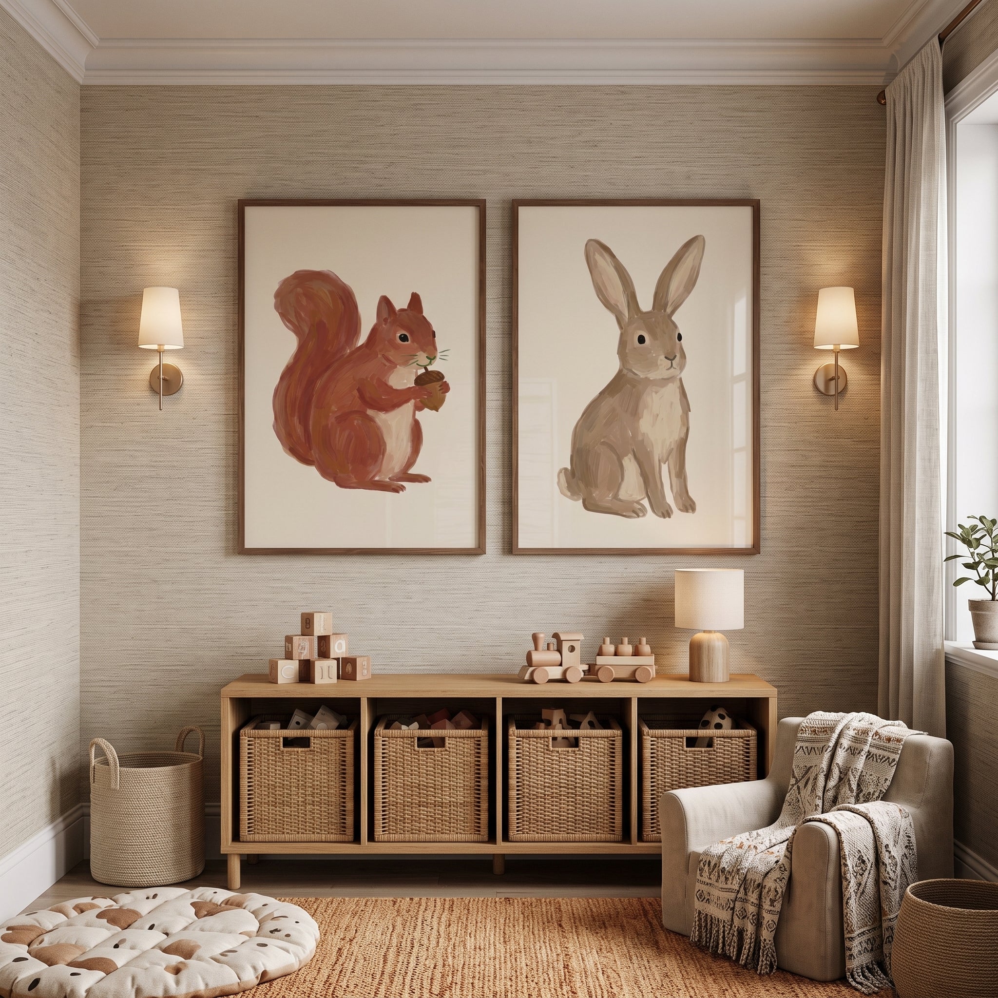 Tan Brushstroke Woodland Animals Wall Art Set of 2 - Forest Friend Sketches
