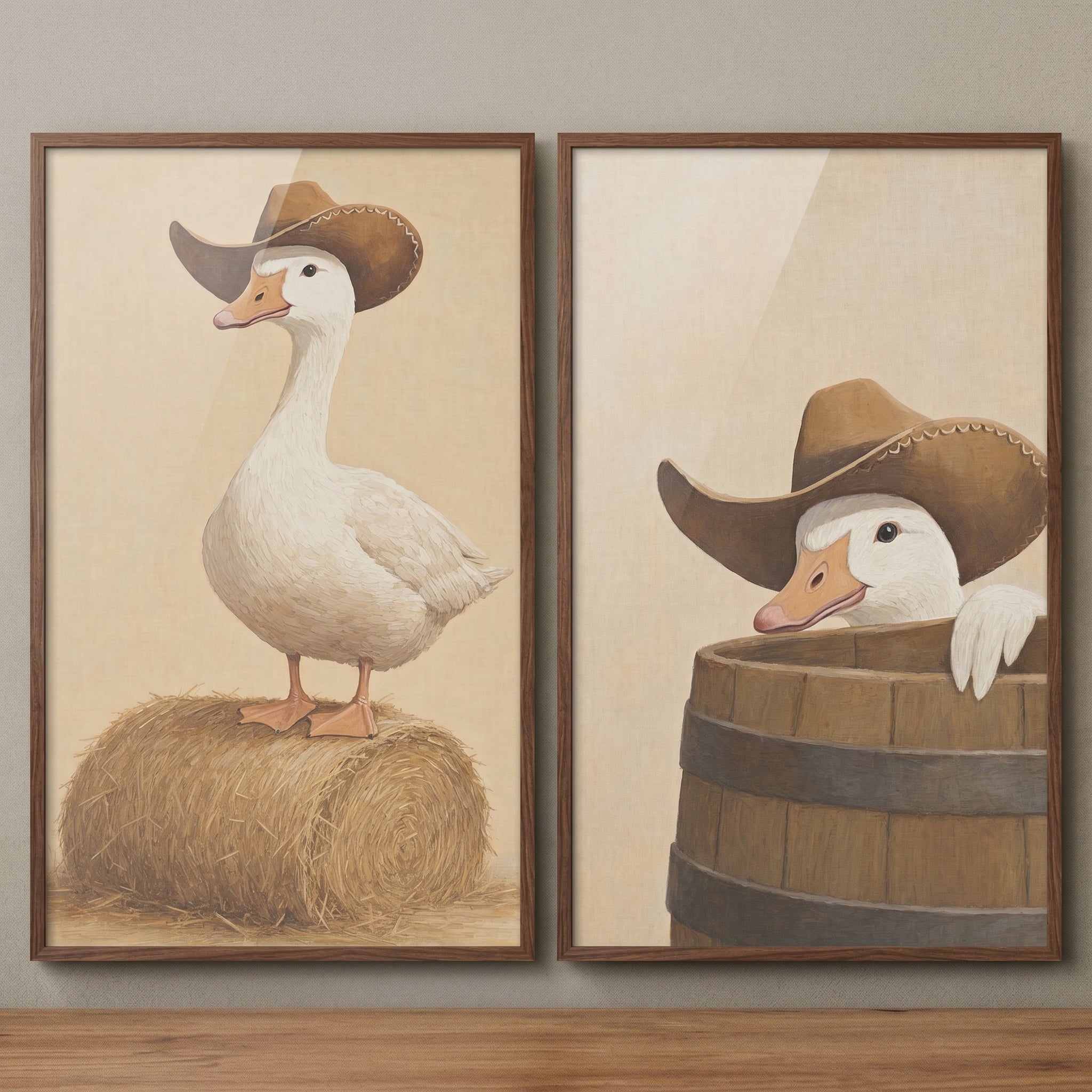 Tan Western Hat Goose Wall Art Set of 2 - Cowboy Goose Duo