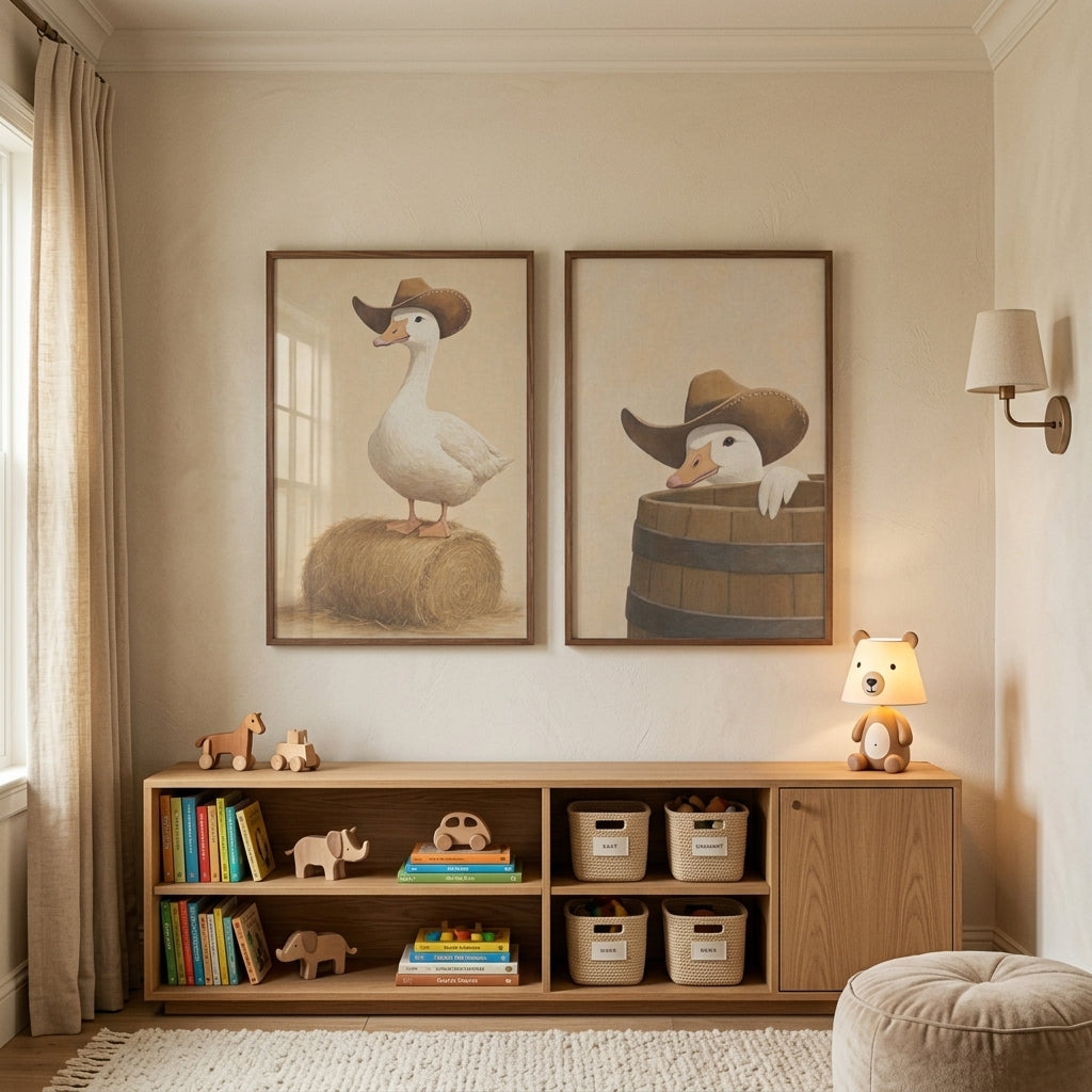Tan Western Hat Goose Wall Art Set of 2 - Cowboy Goose Duo