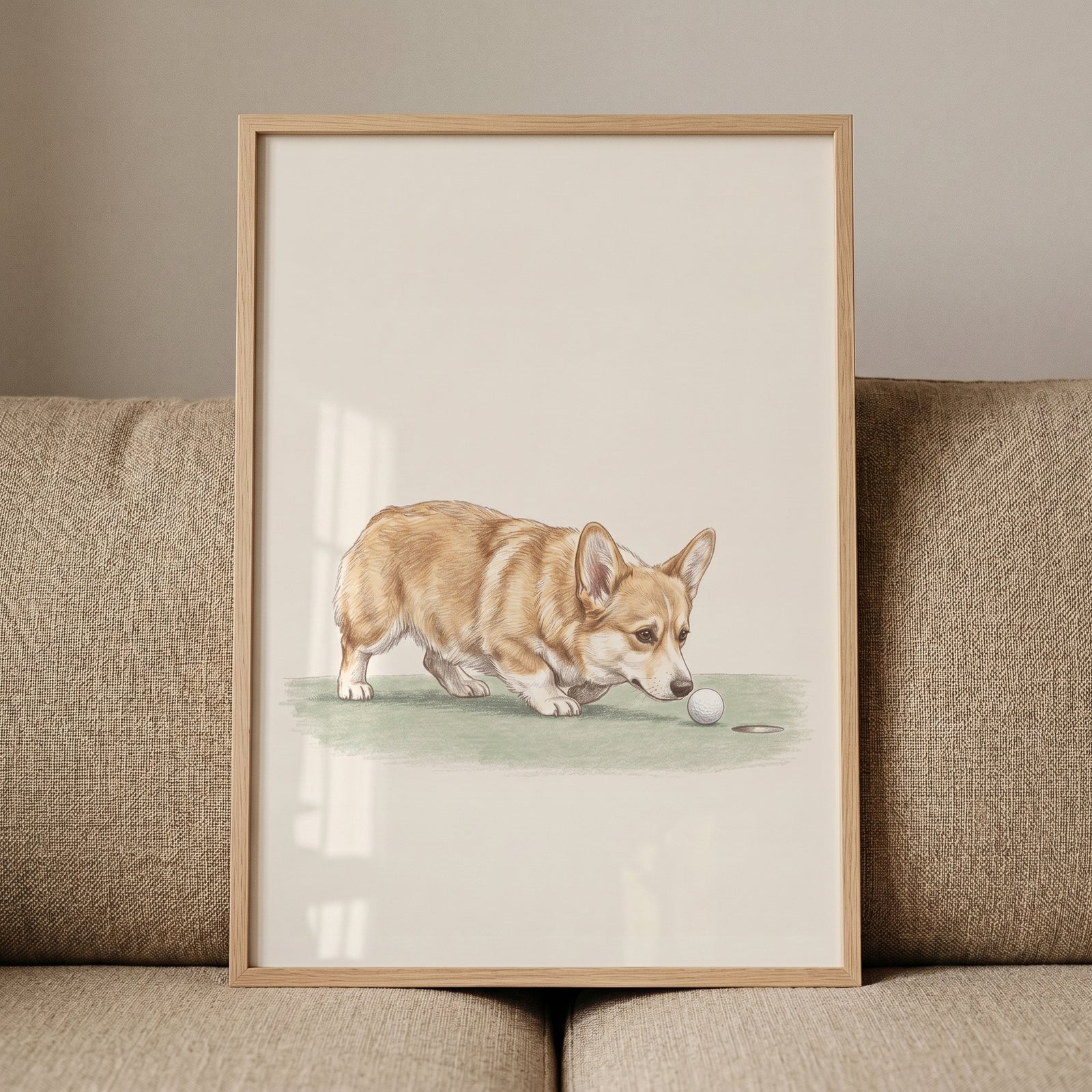 Tan white sniffing corgi dog wall art features a dog by a golf ball and hole, in a light wood frame on a beige couch.