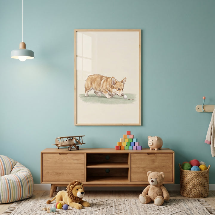 Tan white sniffing corgi dog wall art in a blue nursery with wooden furniture and various toys on a rug.