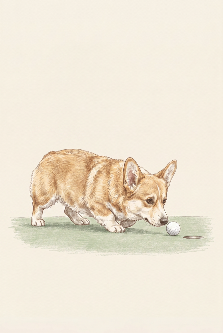 Tan white sniffing corgi dog wall art shows a corgi leaning over a golf ball on a green near a hole.