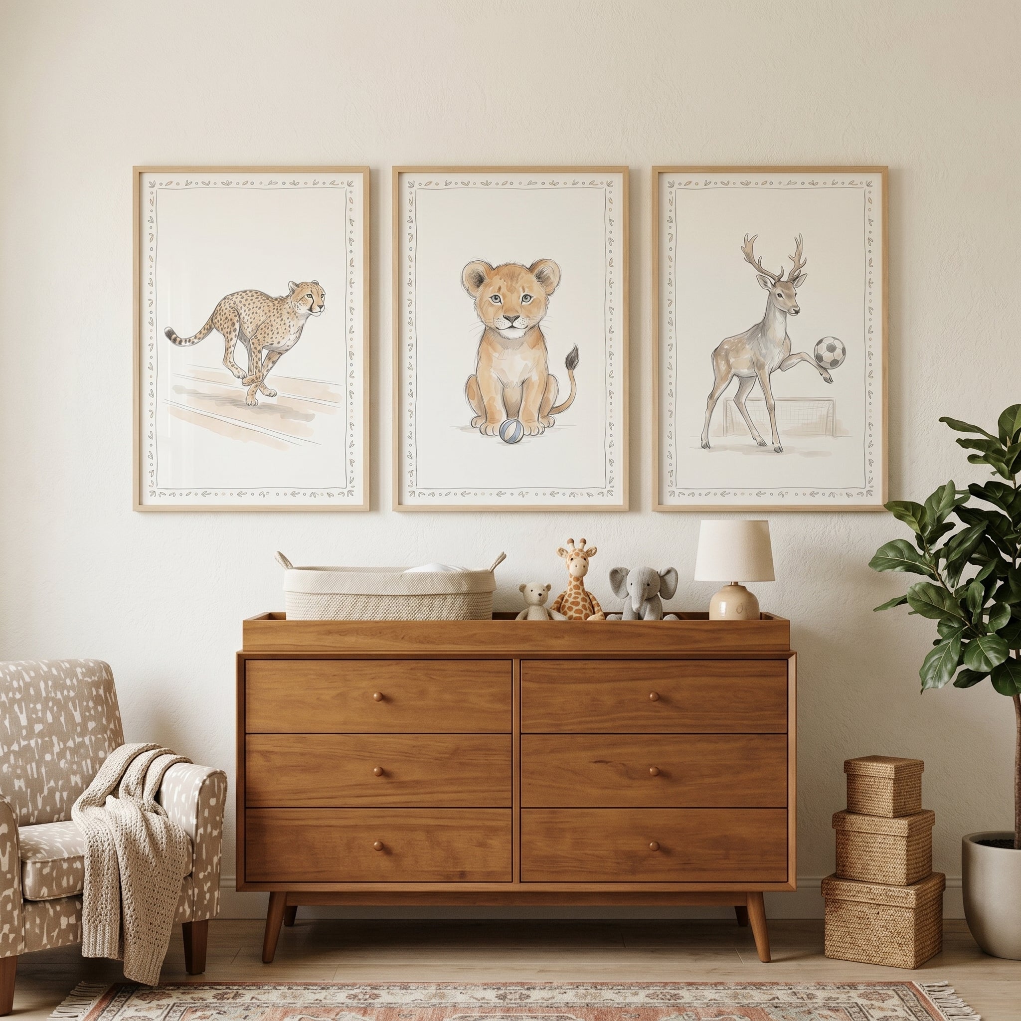 Taupe Watercolor Sporting Animals Wall Art Set of 3 - Sporty Safari Friends