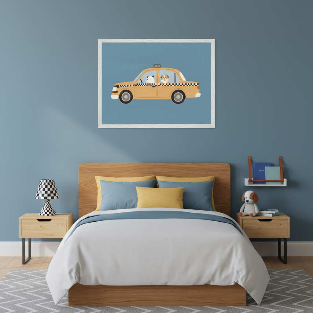 Modern bedroom with a wooden bed and two nightstands. A large white-framed illustration of a yellow taxi with two dogs inside hangs centered above the bed on a blue wall.
