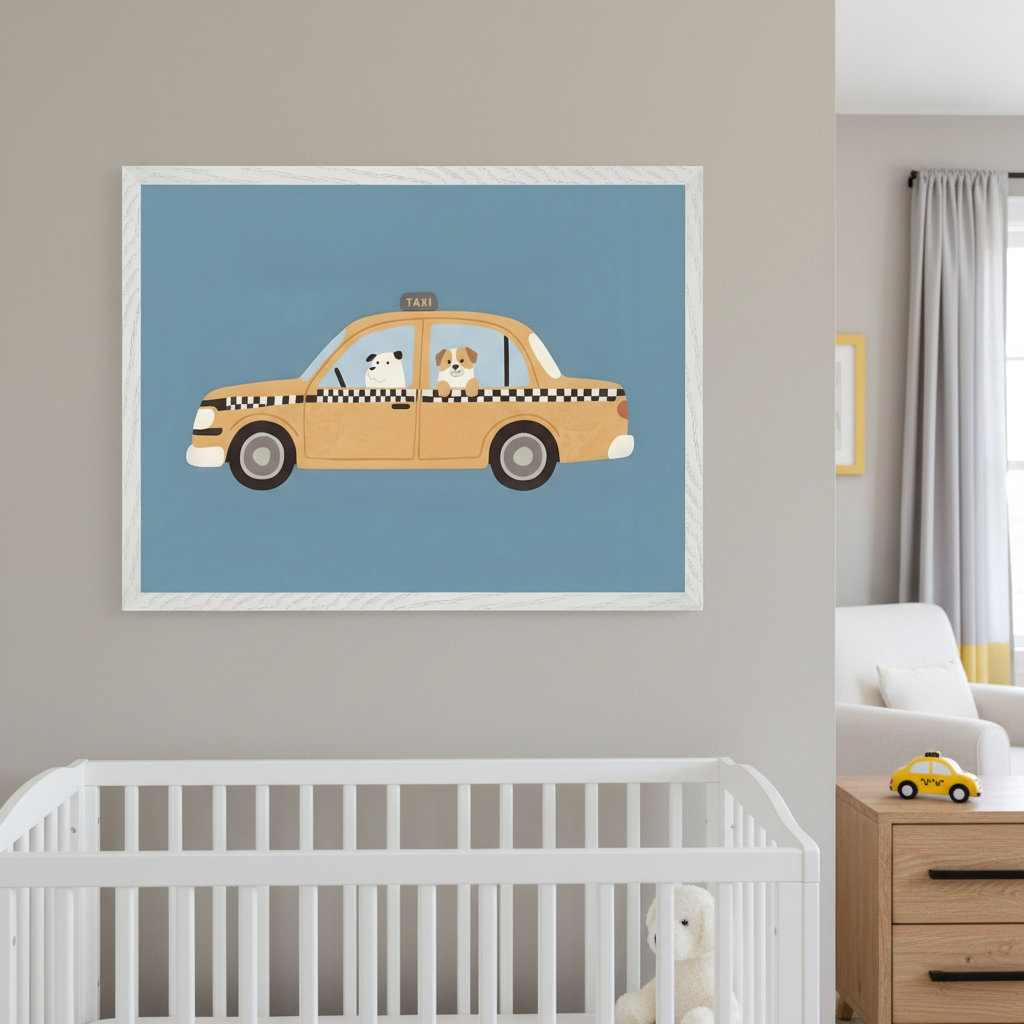 Modern nursery with a white crib and light wood dresser. A large framed print hangs above the crib, depicting a cartoon yellow taxi with two dogs inside on a blue background.