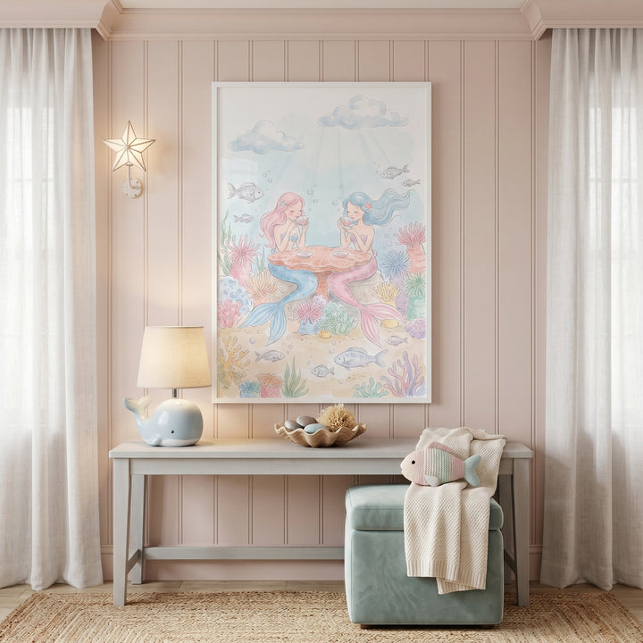 Tea party mermaids wall art hangs in a pink room above a desk with a whale lamp and a fish plush toy on a blue ottoman.