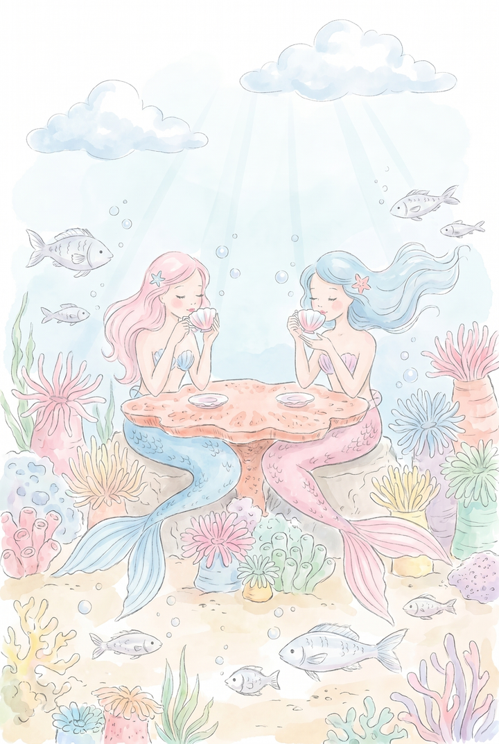 Two mermaids sip tea from shell cups at a coral table underwater in this watercolor tea party mermaids wall art.