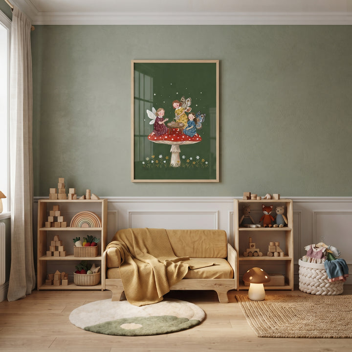 Sage green nursery featuring tea party mushroom fairies wall art above a wooden daybed and matching wooden toy shelves.