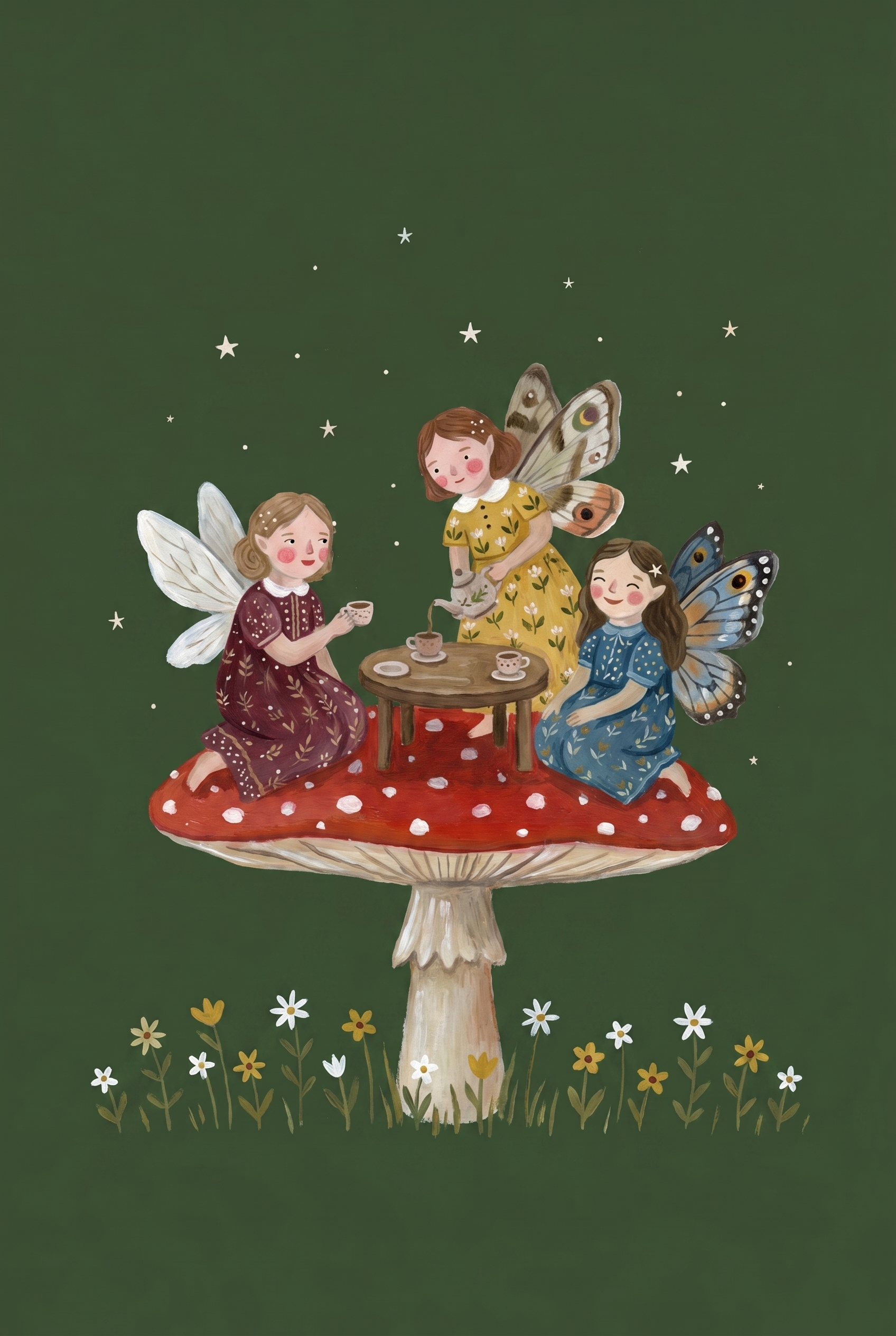 Tea Party Mushroom Fairies Wall Art - Whimsical Mushroom Tea