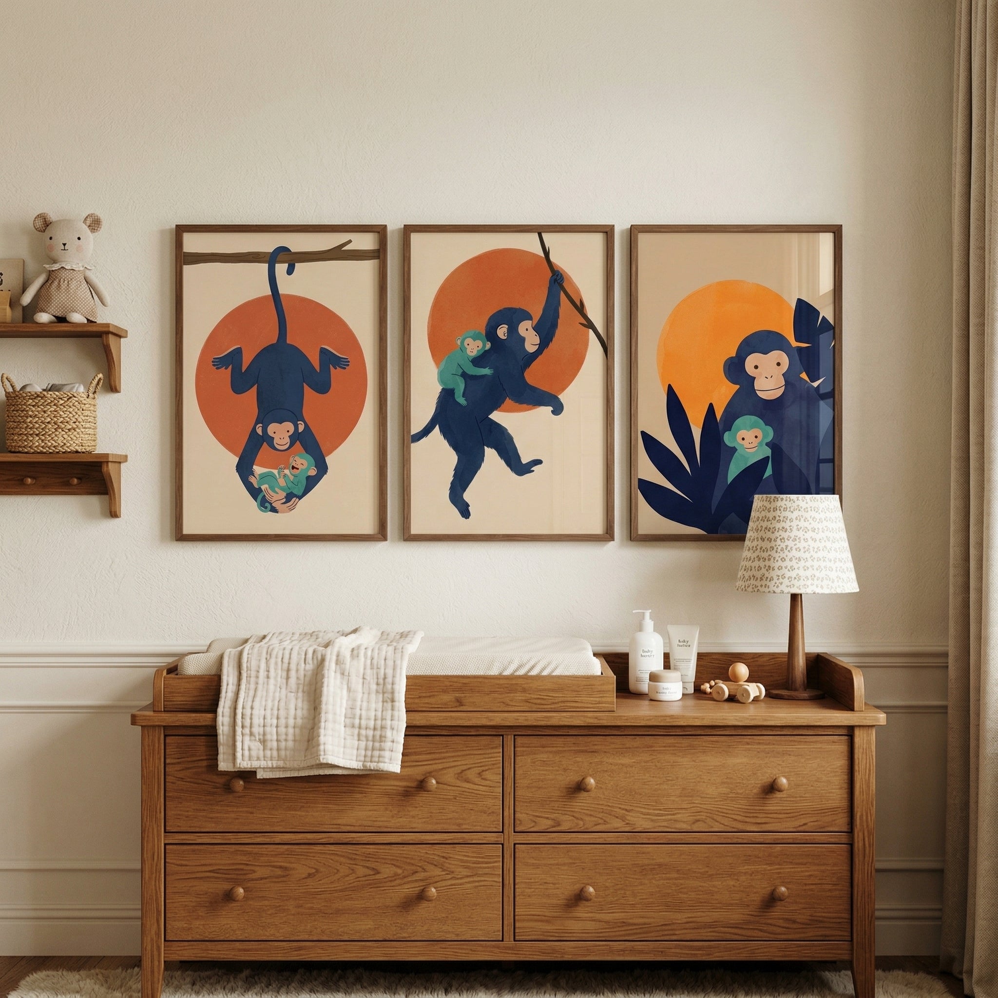 Teal Baby Blue Monkey Wall Art Set of 3 - Jungle Family Bond