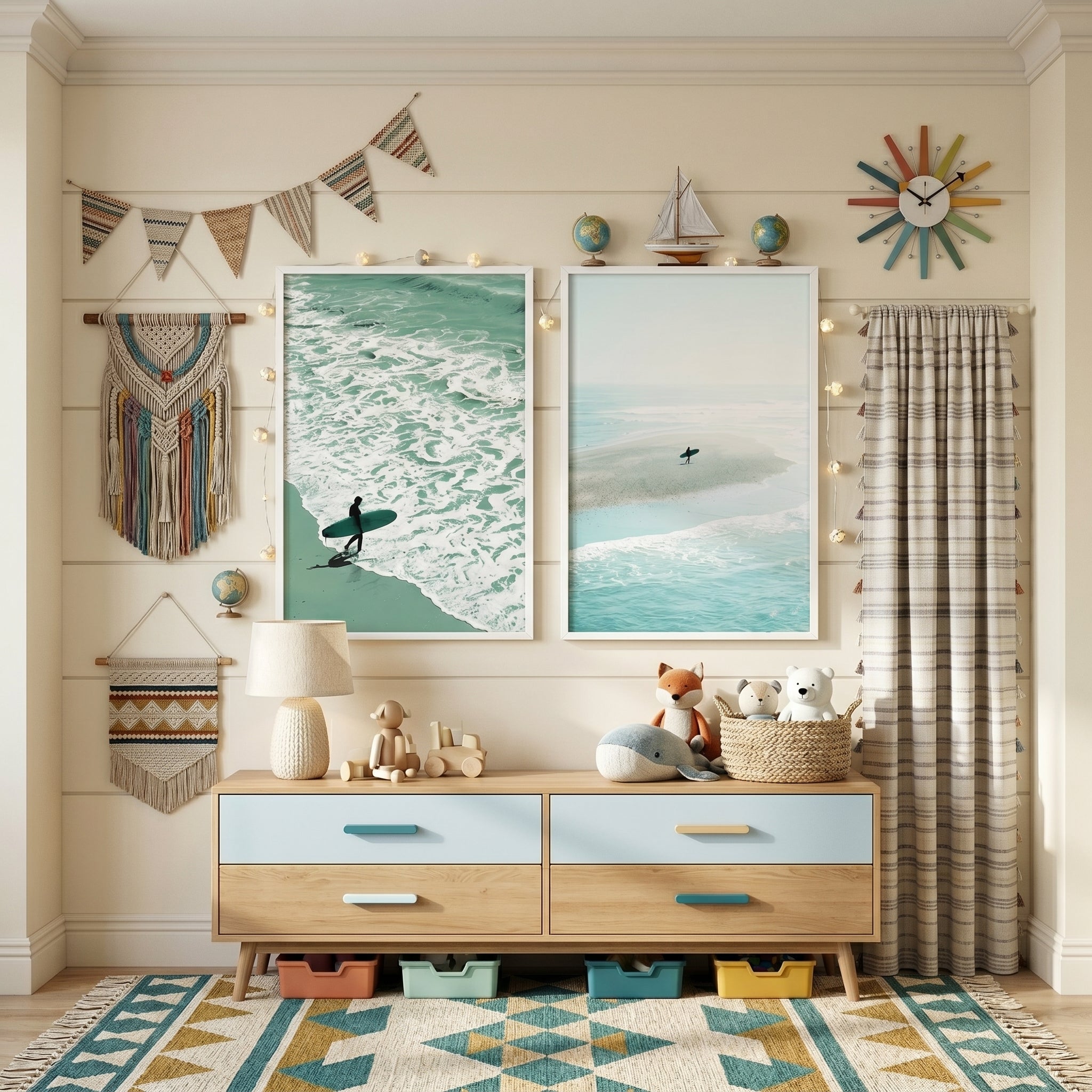 Teal Coastal Minimalist Surfer Wall Art Set of 2 - Azure Sea Drift