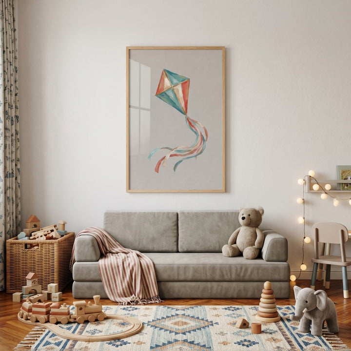 Teal coral flying kite wall art hangs above a grey sofa in a child's room with wooden toys and a plush elephant.