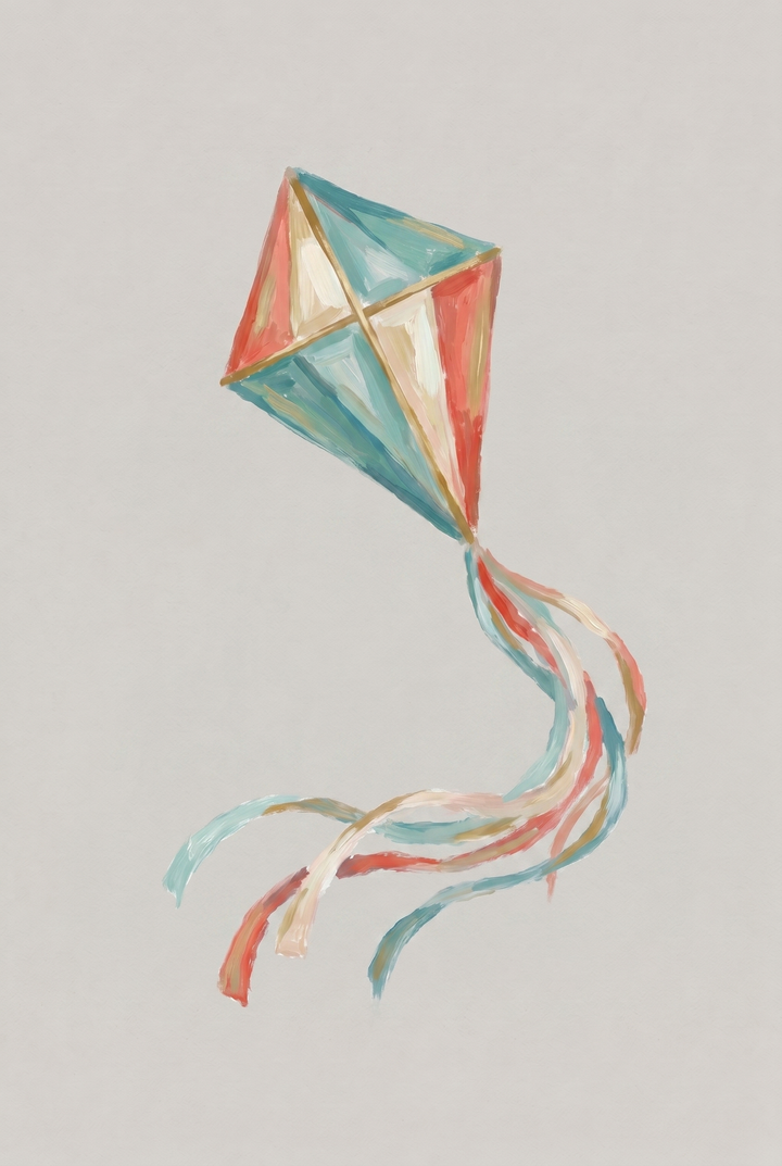 Teal coral flying kite wall art with colorful flowing ribbons against a neutral background.
