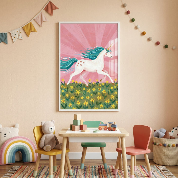 Framed unicorn and foal illustration hung above a wooden dresser in a cozy nursery with neutral tones and soft textures. The scene includes a woven changing basket, folded baby clothes, a plush unicorn toy, and a rocking chair, creating a warm and calming space.