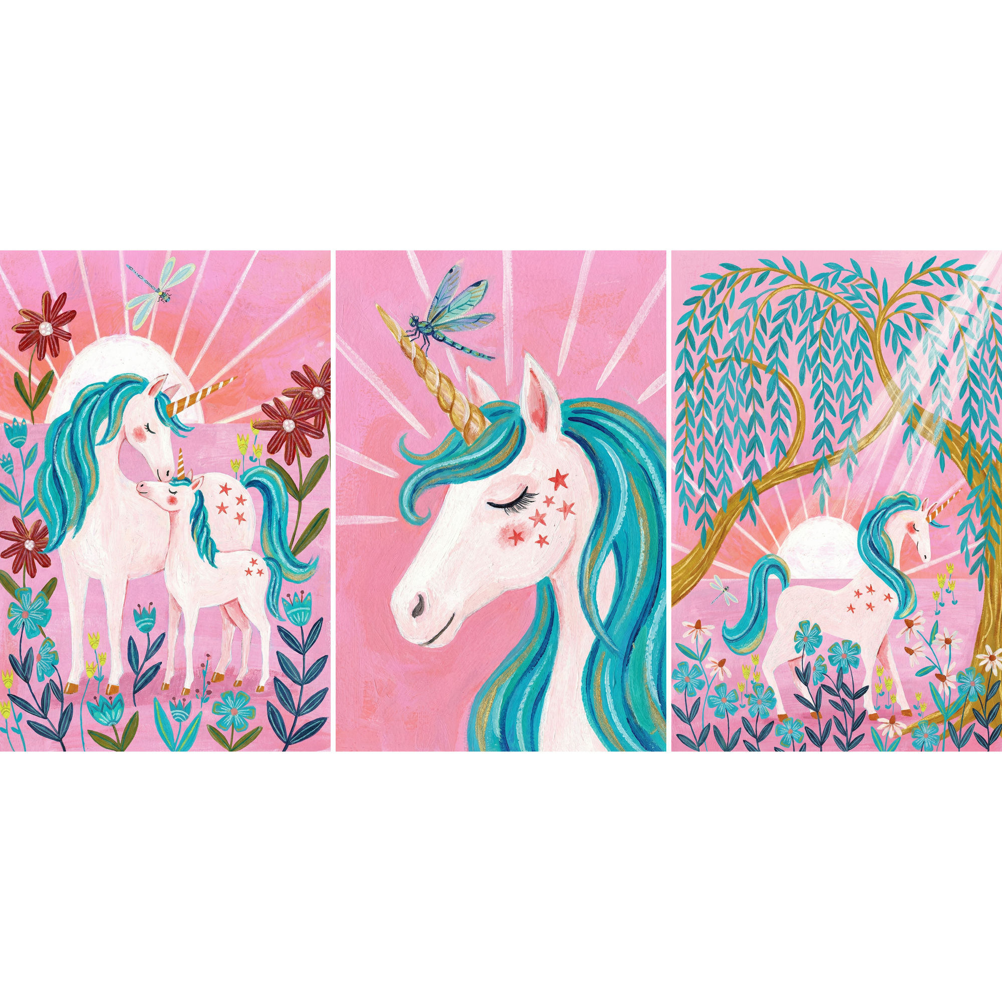 Teal Mane White Unicorn Wall Art Set of 3 - Whimsical Unicorn World