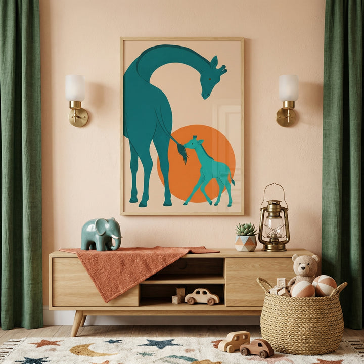 Framed illustration of a tall giraffe curving its neck down toward a baby giraffe standing in front of a warm orange sun above a wooden shelf with toys and decor. The playful composition and soft earthy tones create a cozy and nurturing focal point in a nursery setting.