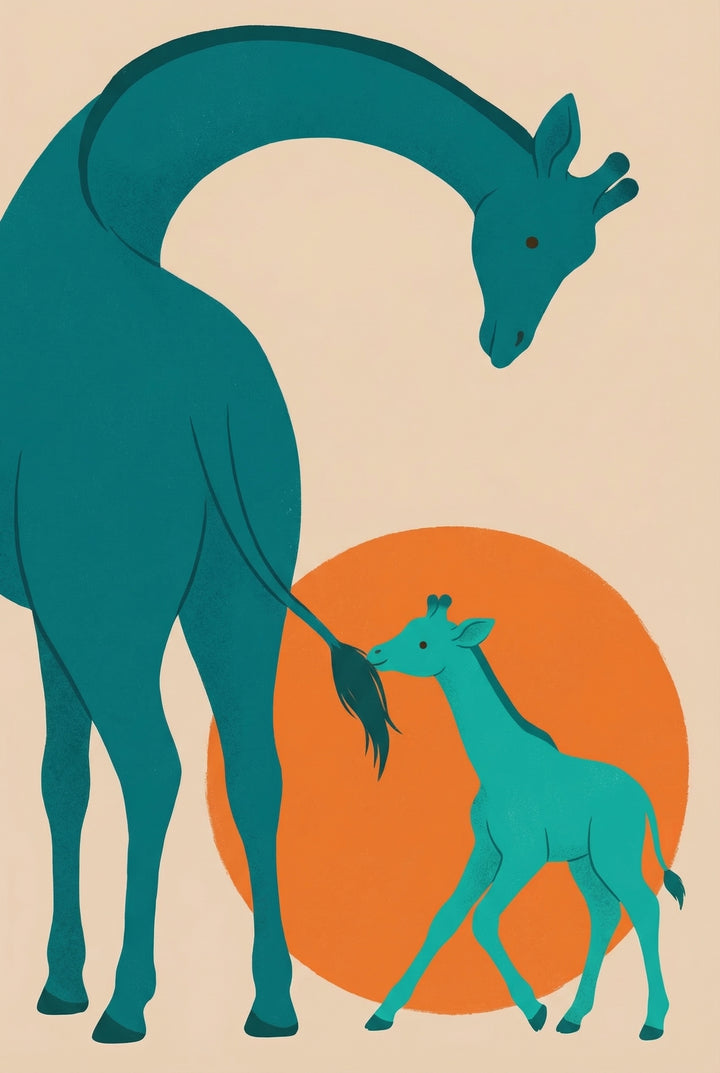 A minimalist digital illustration featuring a large teal adult giraffe and a smaller teal calf. The adult giraffe's long neck curves gracefully downward from the top left, its head looking toward the young one. The smaller giraffe walks toward the right, its nose touching the tuft of the adult's long tail. A large, solid orange circle sits behind the calf, evoking a setting sun against a flat, pale beige background. The style is clean and graphic with simple shapes and subtle textures.