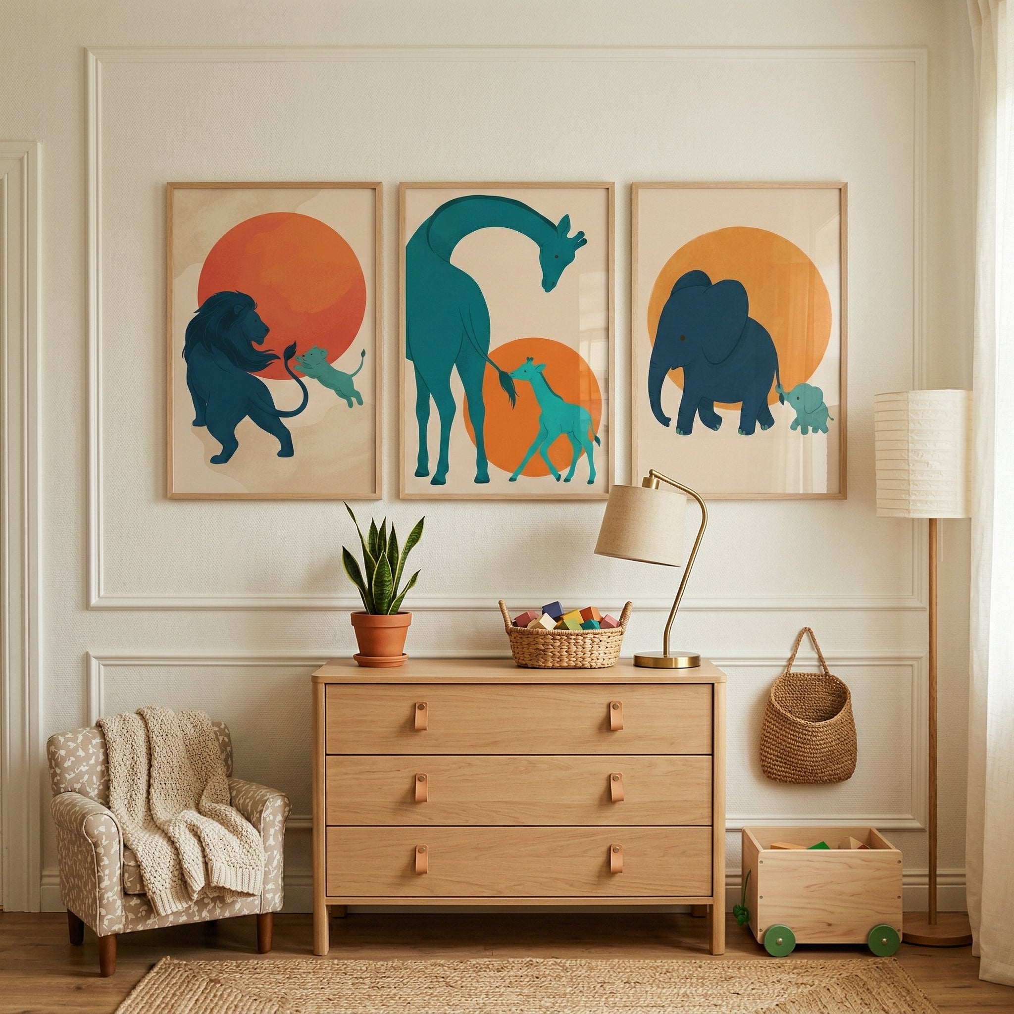 Teal Orange Sun Animal Wall Art Set of 3 - Savannah Sunsets
