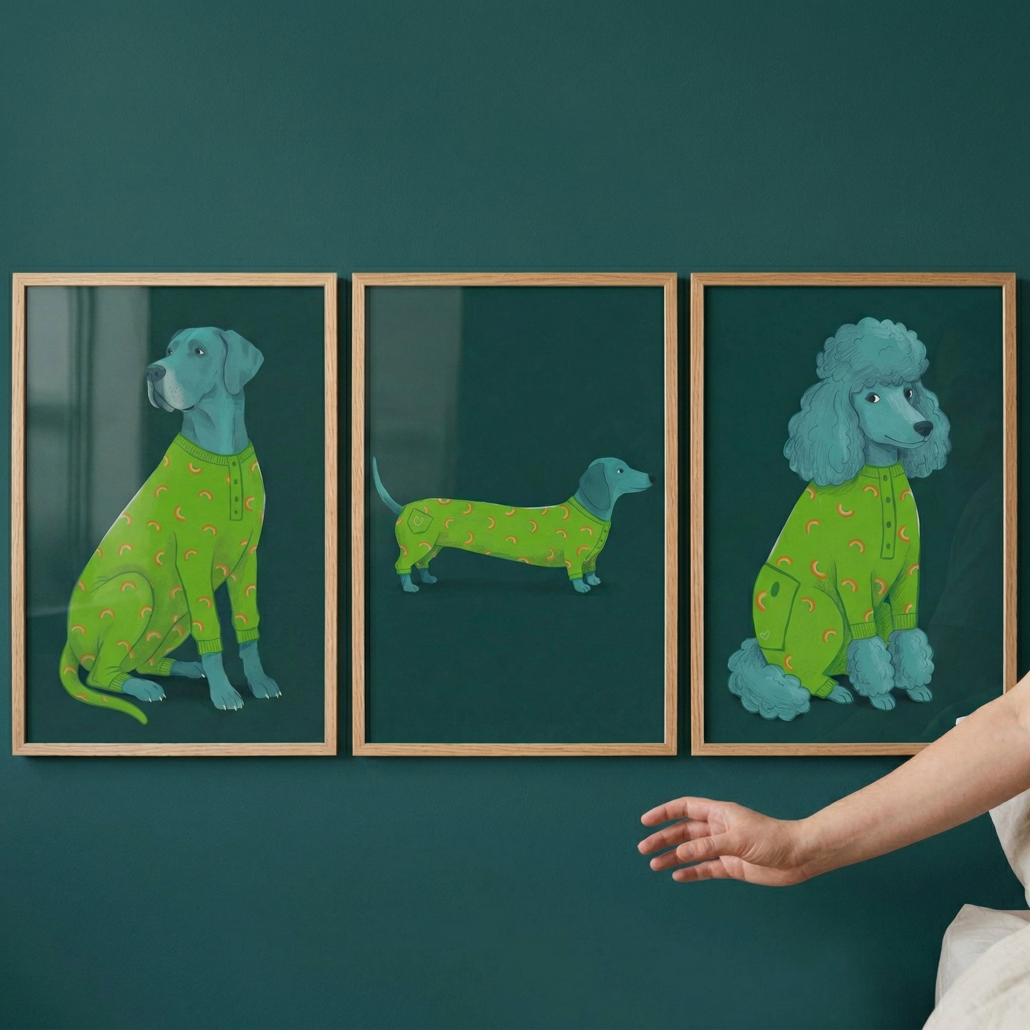 Teal Patterned Pajama Dog Artwork Set of 3 - Cozy Pajama Pups