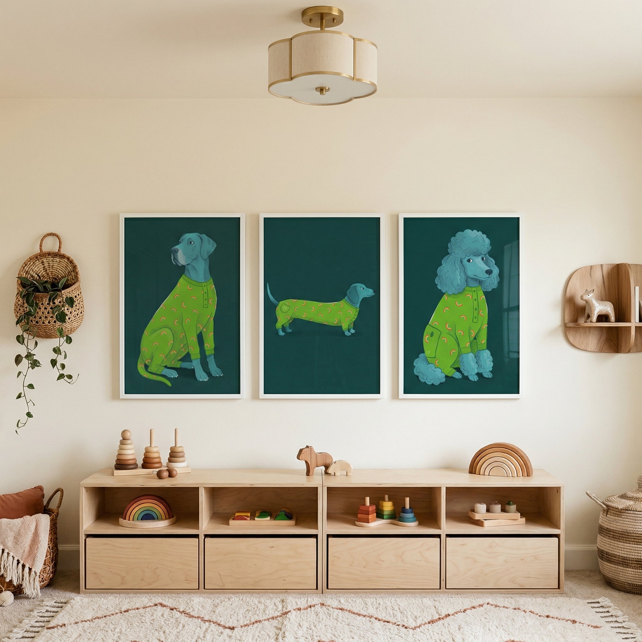 Teal Patterned Pajama Dog Artwork Set of 3 - Cozy Pajama Pups