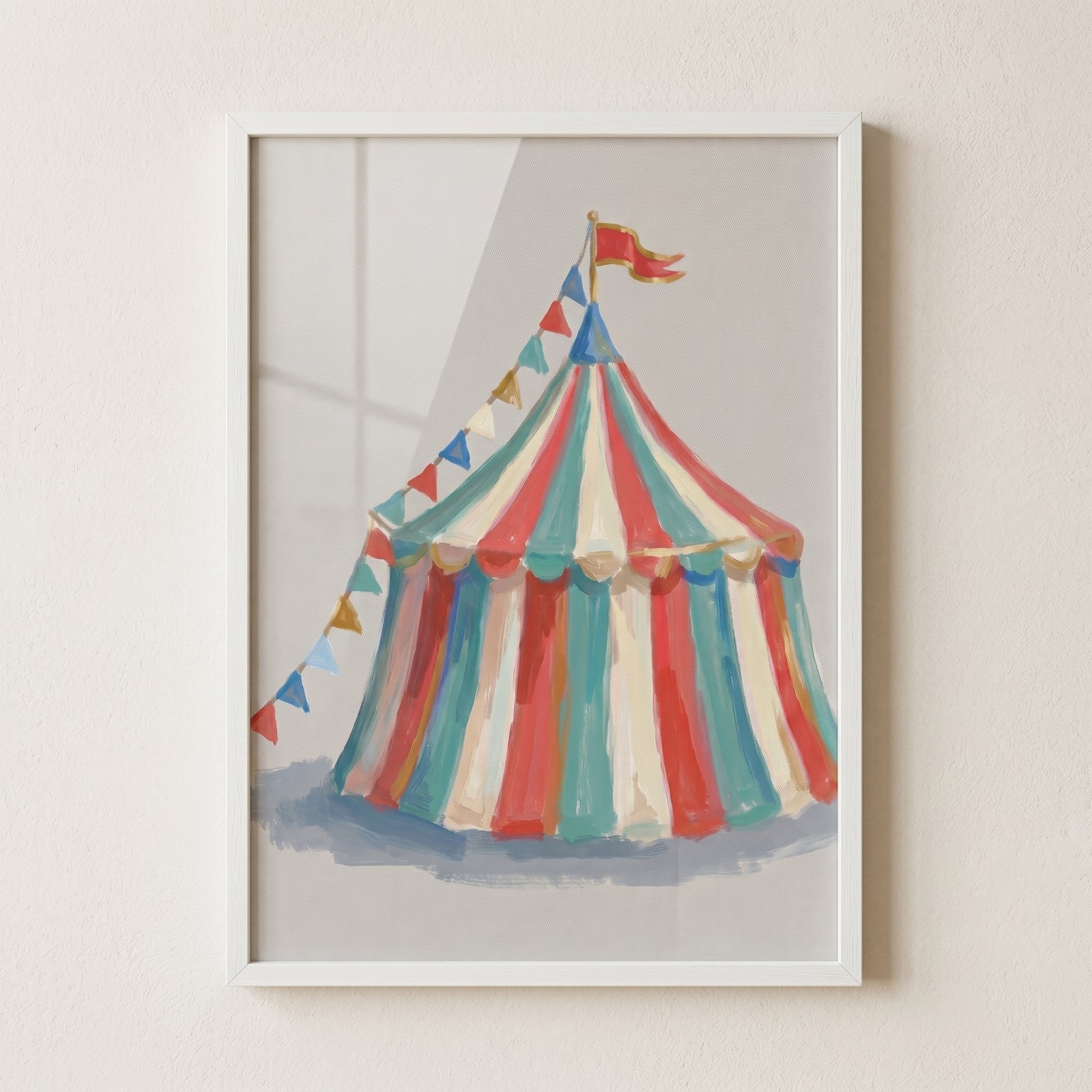 Teal red circus tent wall art featuring striped patterns, colorful bunting, and a red flag at the top.