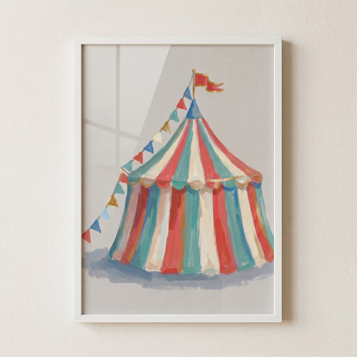 Teal red circus tent wall art featuring striped patterns, colorful bunting, and a red flag at the top.