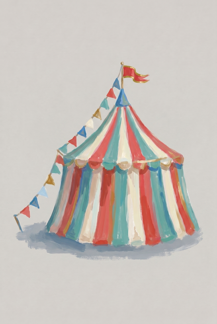 Teal red circus tent wall art with striped patterns and colorful pennant flags against a neutral background.