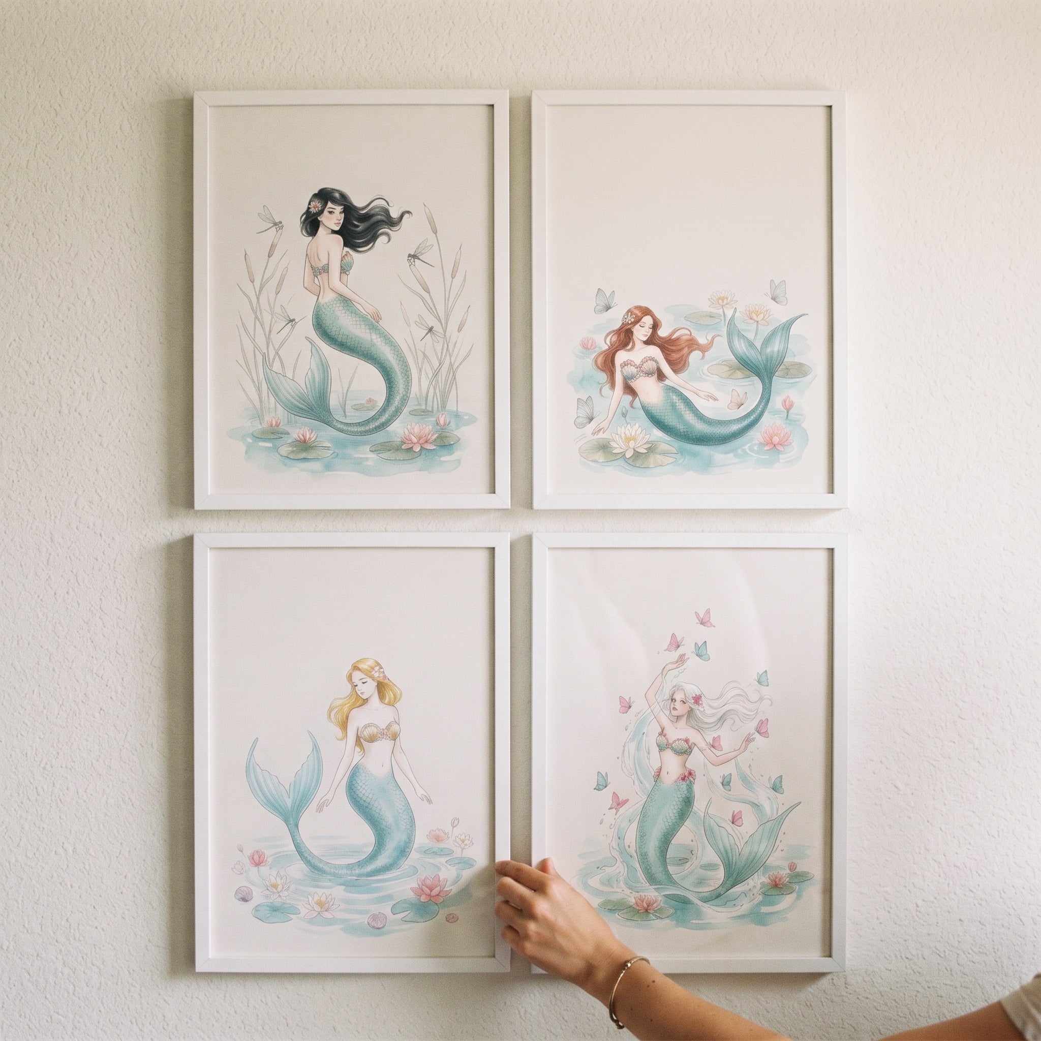 Teal Tail Watercolor Mermaid Wall Art Set of 4 - Pastel Sea Maidens