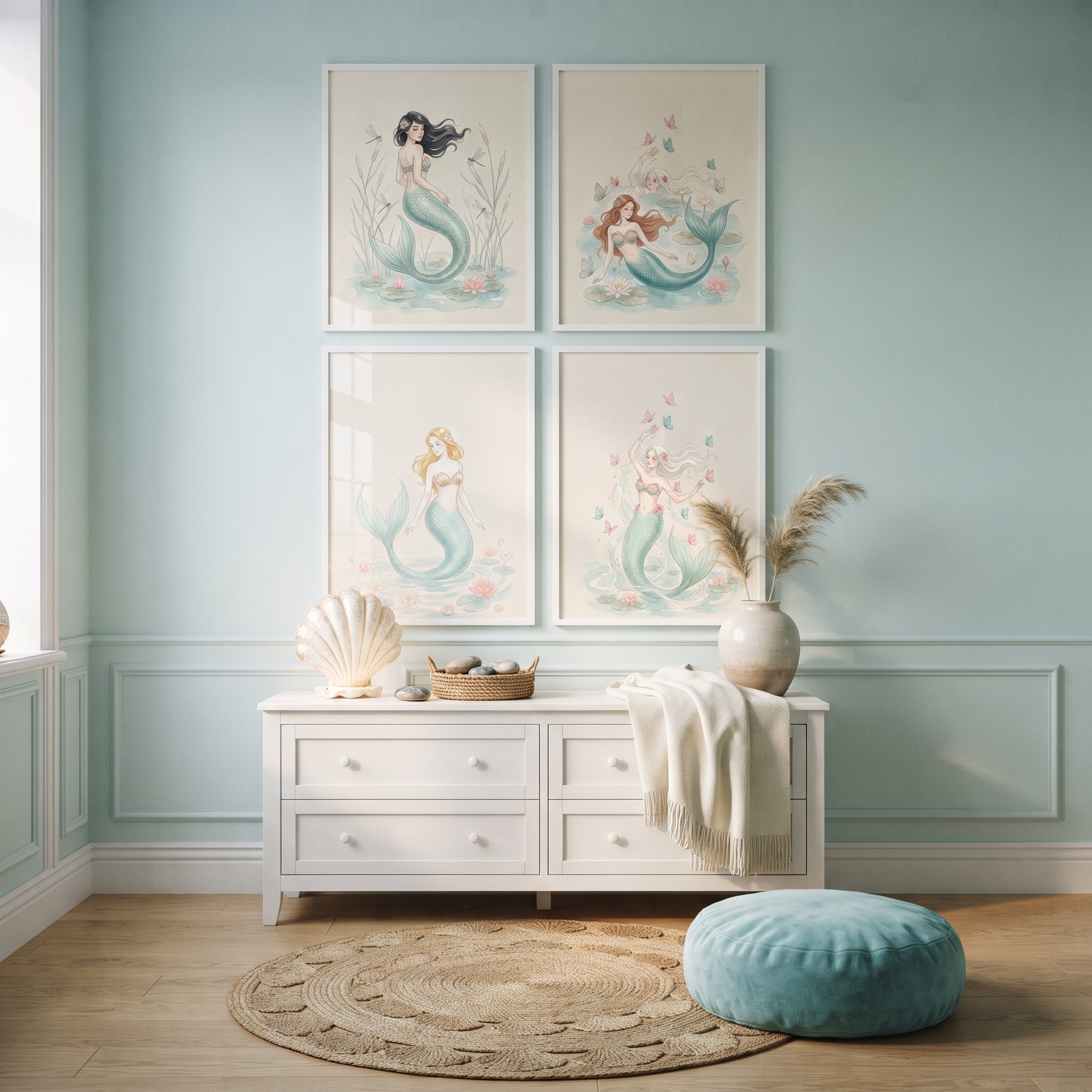 Teal Tail Watercolor Mermaid Wall Art Set of 4 - Pastel Sea Maidens