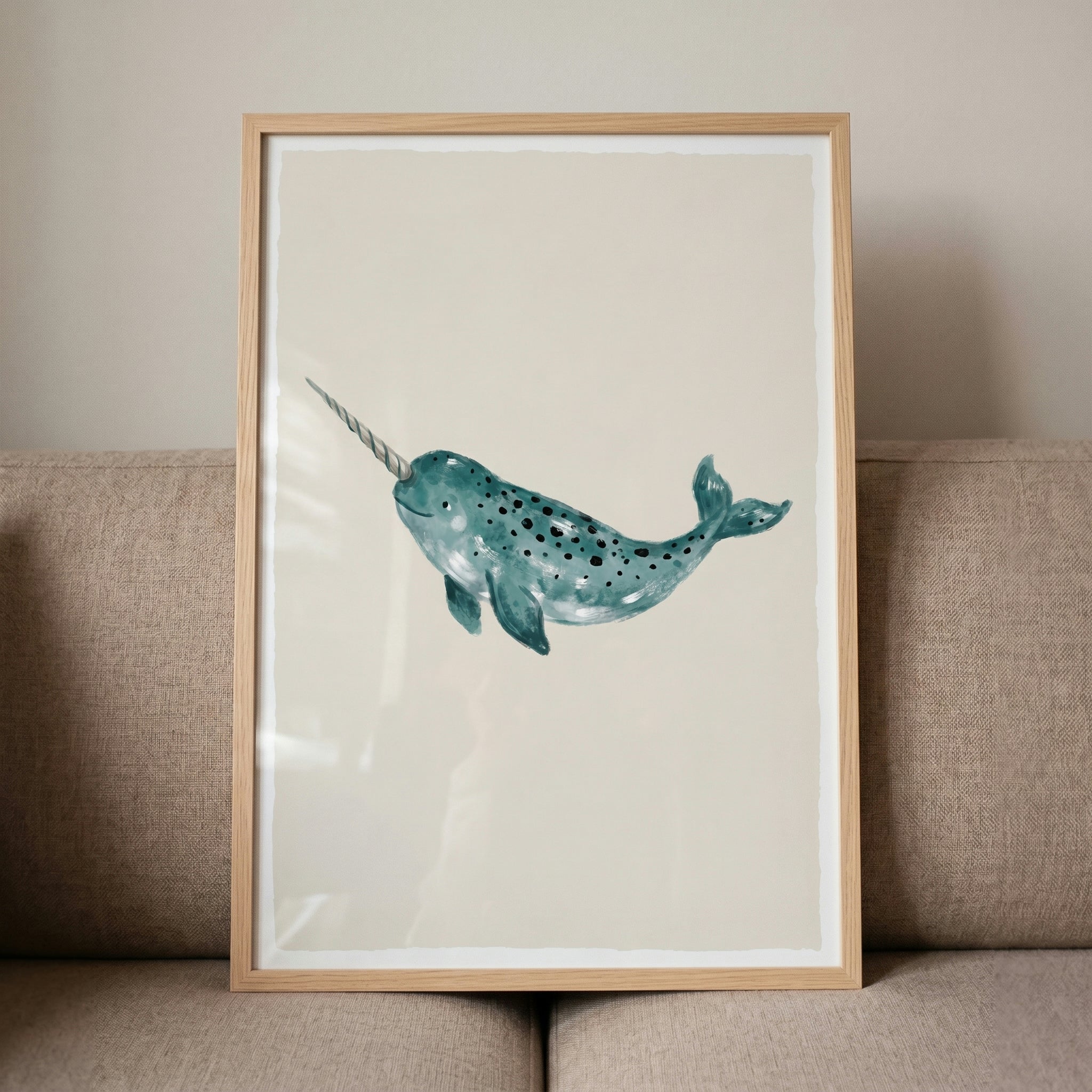 Teal Watercolor Narwhal Wall Art - Spotted Sea Unicorn