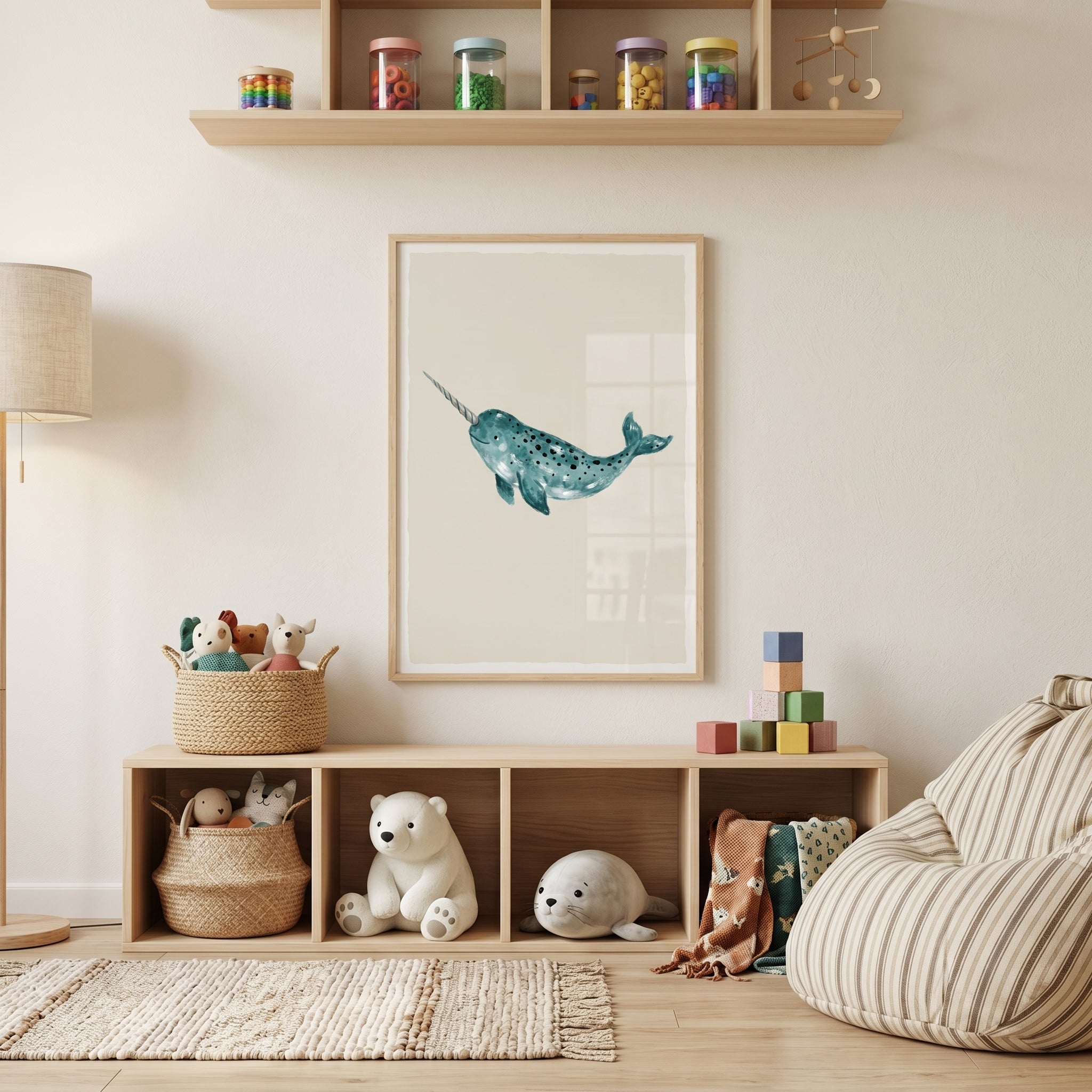 Teal Watercolor Narwhal Wall Art - Spotted Sea Unicorn