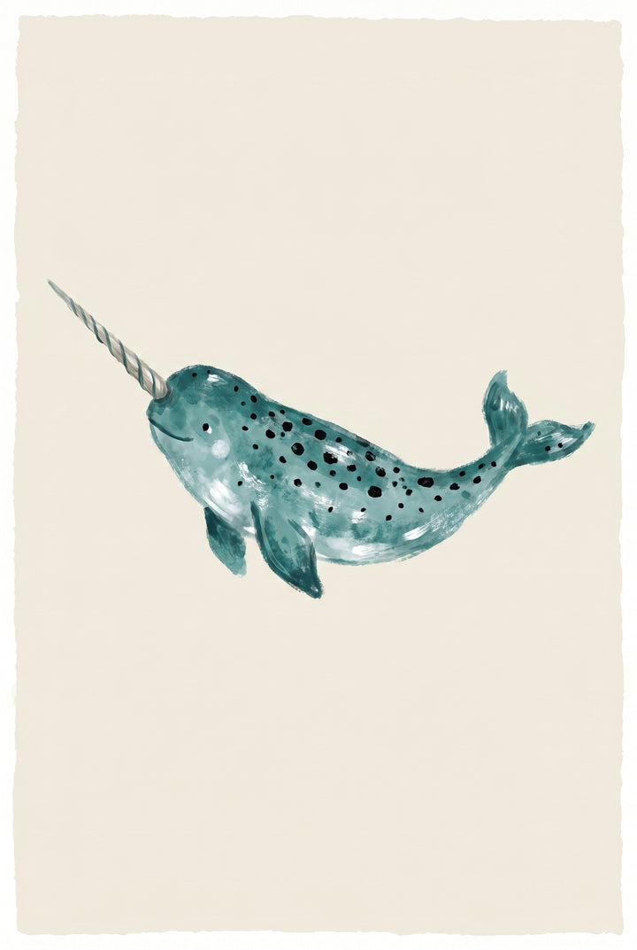 Teal watercolor narwhal wall art with black spots and a spiral tusk on a cream background.