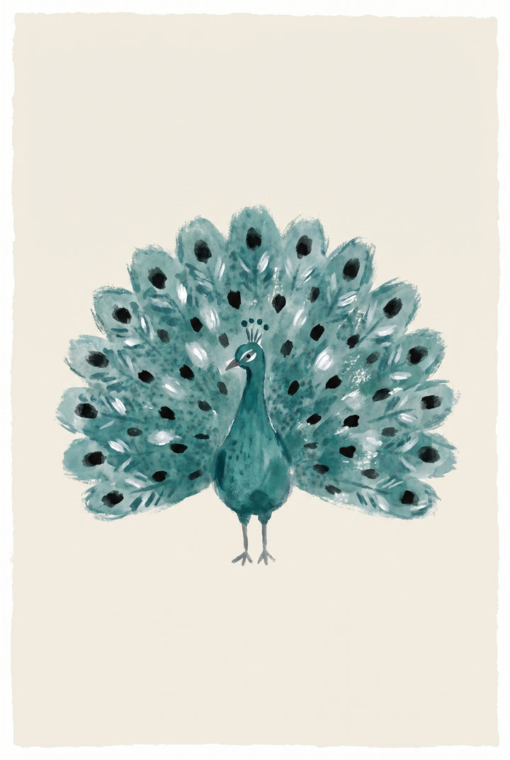 Teal watercolor peacock wall art with its tail feathers fanned out against a simple cream background.