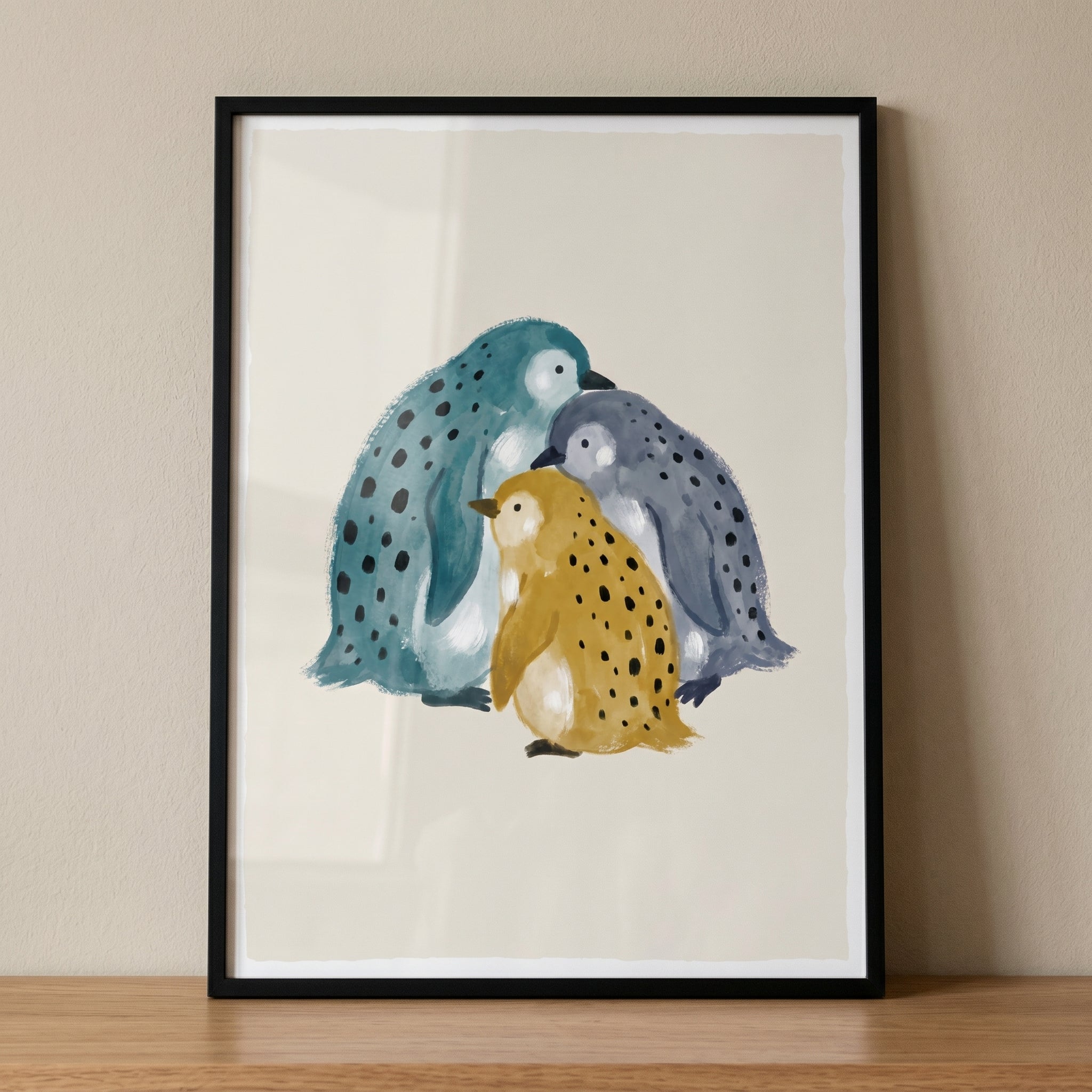 Teal Watercolor Spotted Penguin Wall Art - Three Spotted Penguins