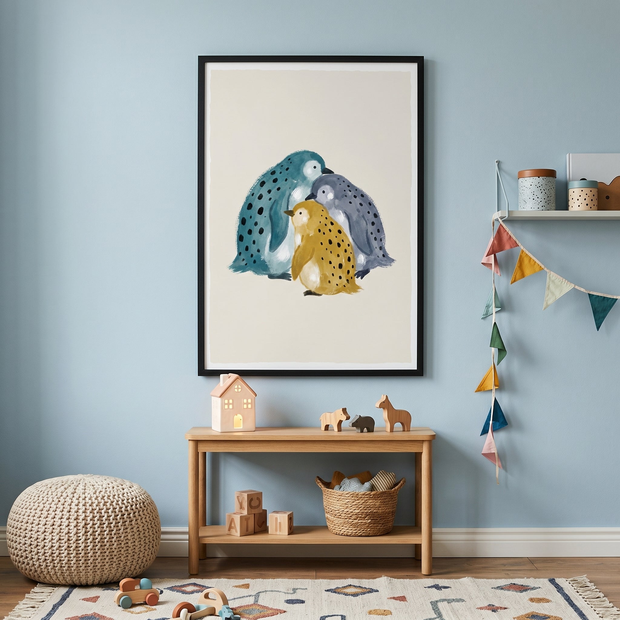 Teal Watercolor Spotted Penguin Wall Art - Three Spotted Penguins