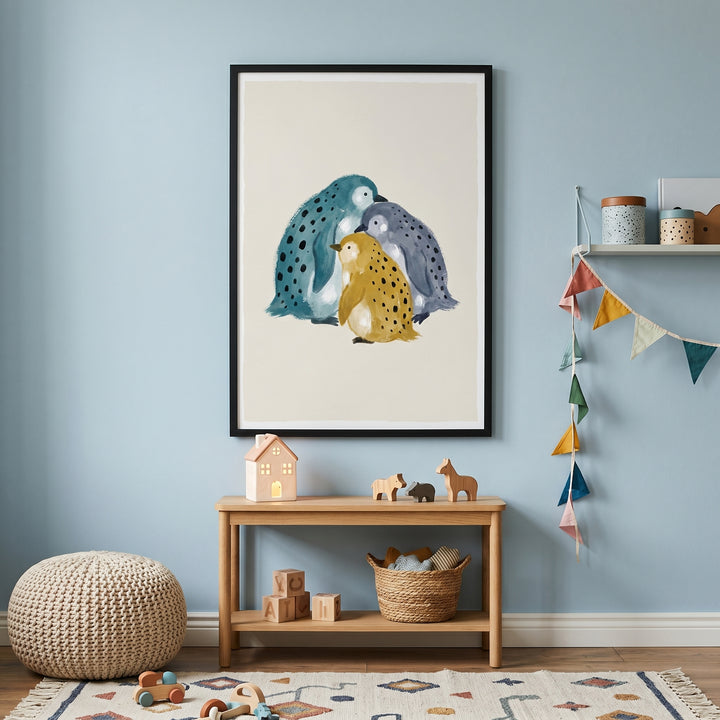 Teal watercolor spotted penguin wall art hangs above a wooden console table with toys in a light blue room.