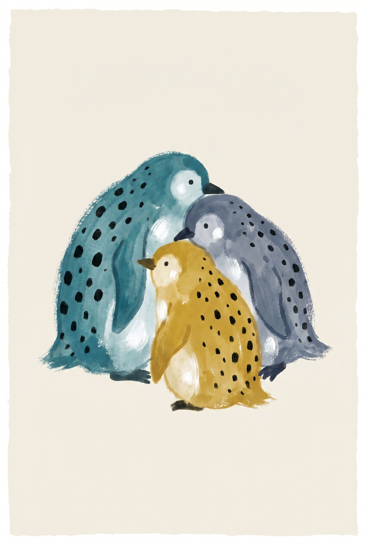 Teal watercolor spotted penguin wall art with three huddled penguins in teal, grey, and yellow with black spots.