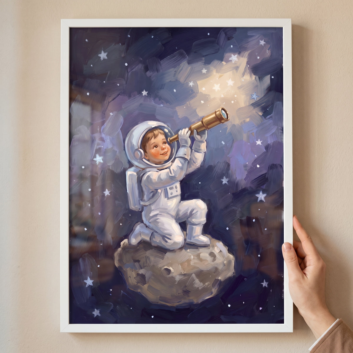 Telescope holding baby astronaut wall art featuring a child in a spacesuit on an asteroid looking at a starry sky.