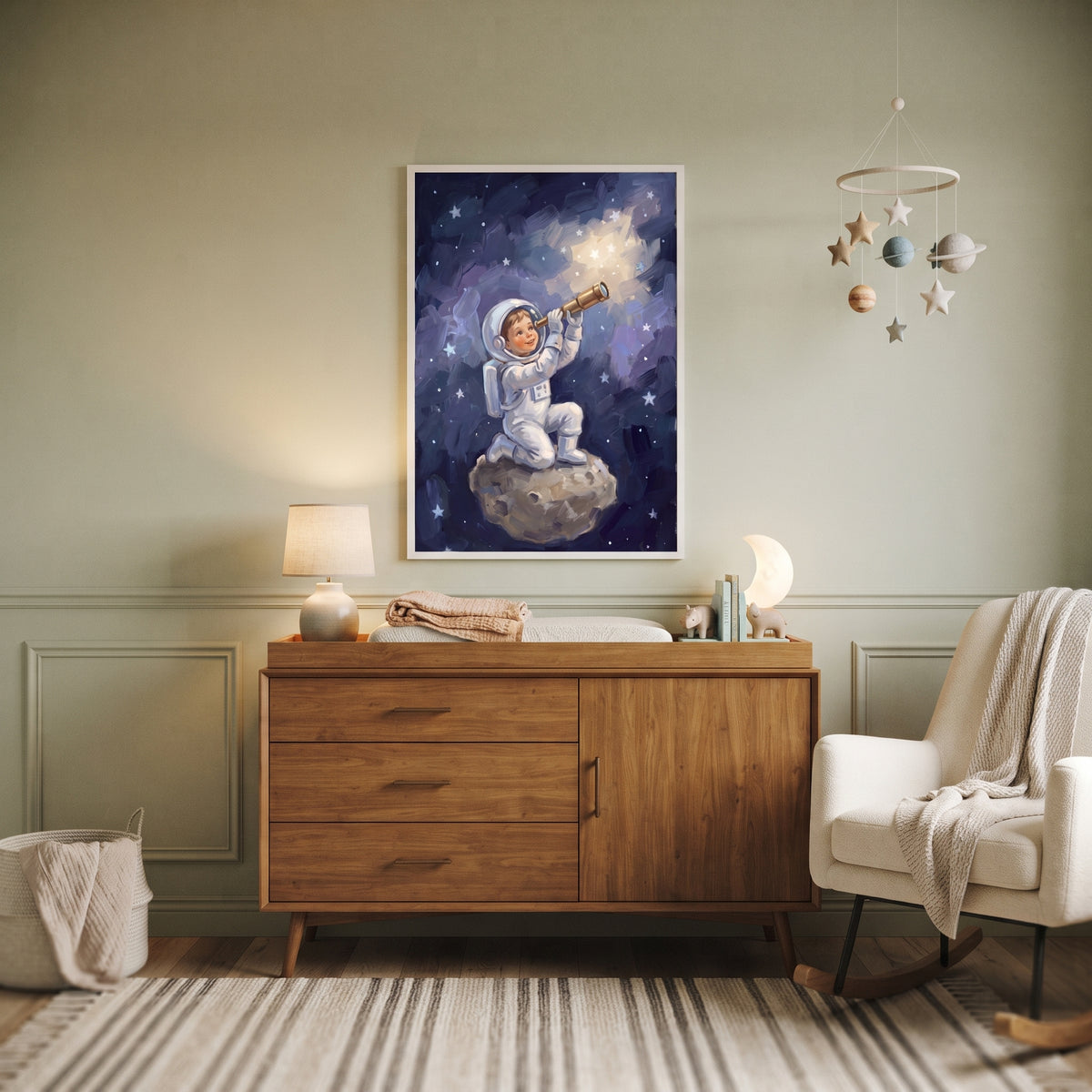 Telescope Holding Baby Astronaut Wall Art - Celestial Star Gazer