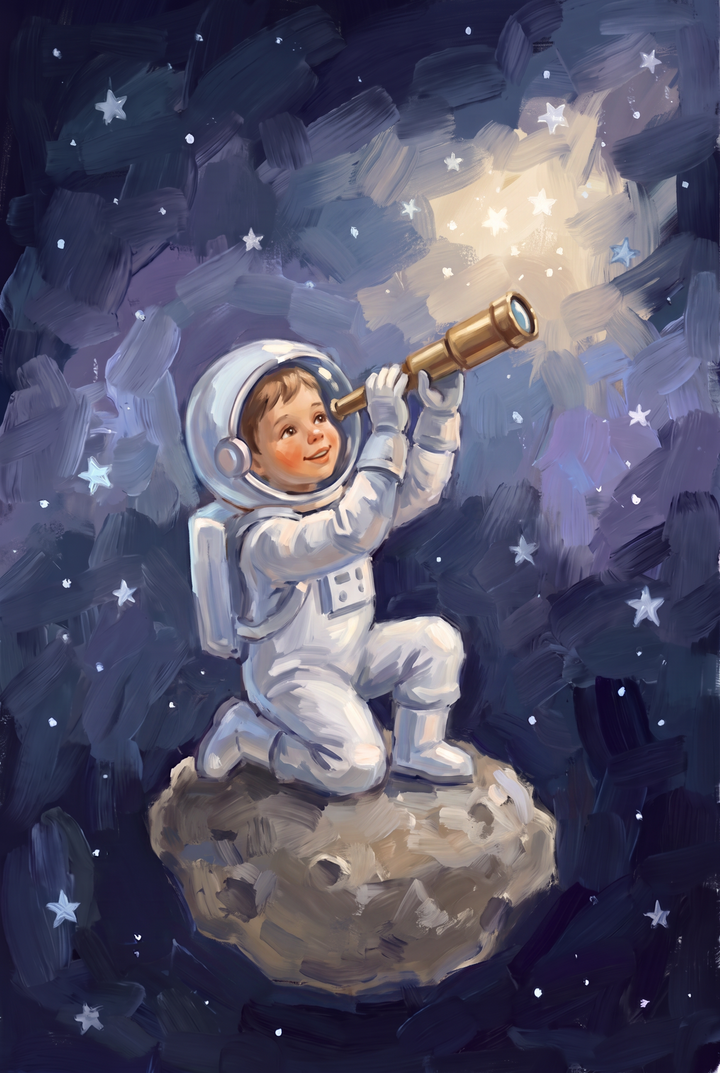 Child in a white spacesuit kneels on an asteroid in this telescope holding baby astronaut wall art looking at stars.