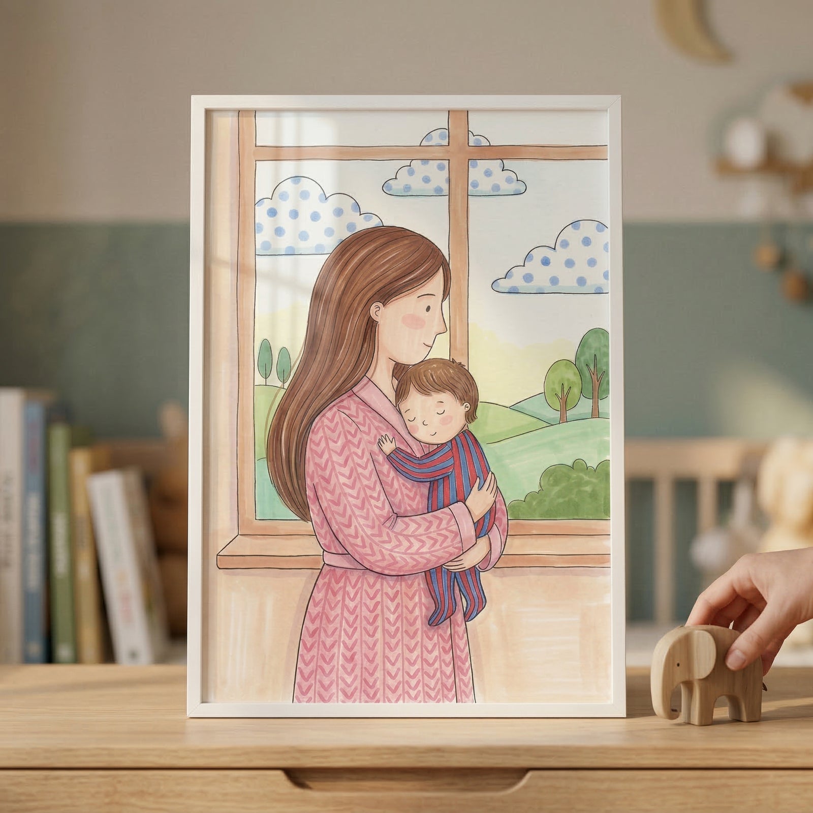 A framed illustration of a mother holding her baby sits on a wooden desk. The woman has long brown hair and wears a pink patterned robe. She cradles a sleeping child in a striped outfit. Behind them, a window shows a view of green hills and clouds. The artwork has a soft, hand-drawn look. A hand reaches for a wooden toy elephant next to the frame. In the blurred background are books and nursery furniture, creating a warm and peaceful atmosphere.