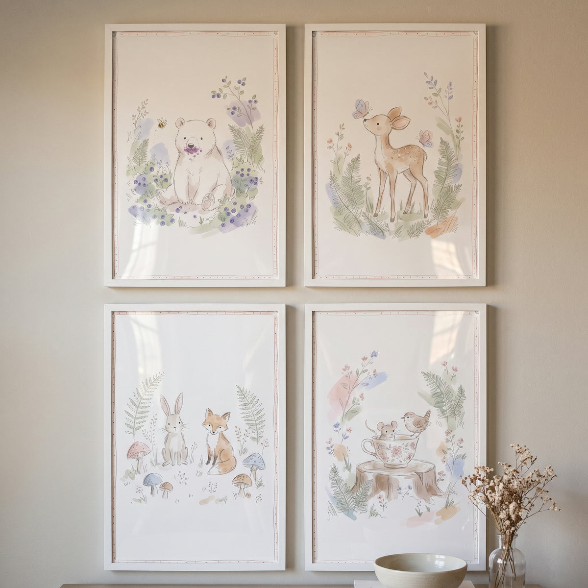 Tender watercolor woodland animal wall art set of 4 featuring a bear, deer, fox, rabbit, and mouse in white frames.