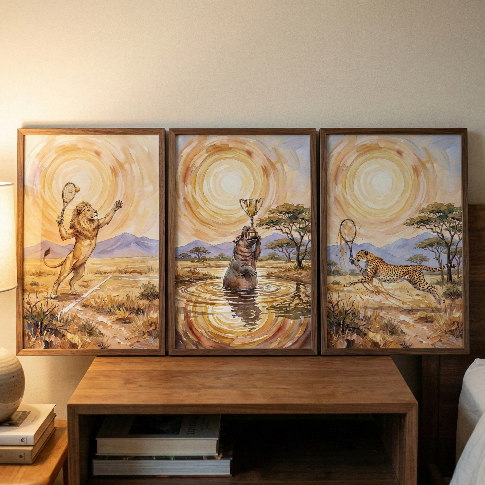 A triptych of three framed savanna-themed illustrations sits on a wooden shelf. The set forms a cohesive scene under a bright, glowing sun in a warm-toned landscape with mountains and acacia trees. On the left, a lion stands on its hind legs holding a tennis racket. In the center, a hippopotamus emerges from a pool of water, holding up a golden trophy. On the right, a cheetah is shown mid-stride, also carrying a tennis racket. 