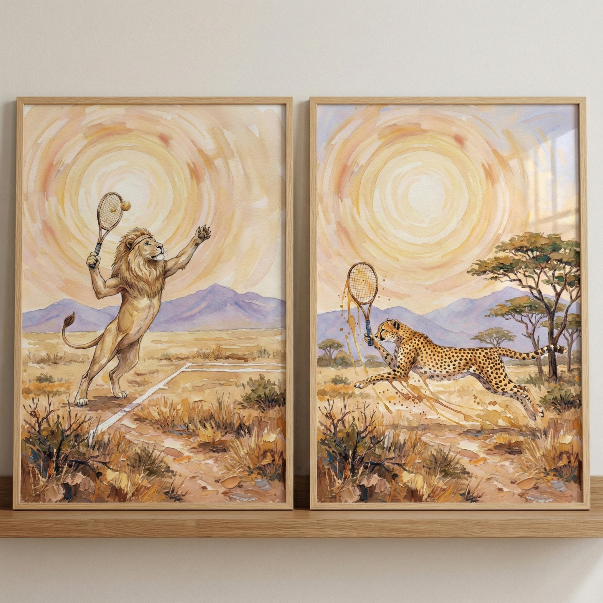 Two vertically oriented, light-wood framed illustrations are displayed side-by-side on a wooden shelf.  The illustration on the left depicts a lion with a prominent mane and a headband, standing on its hind legs in a dry savanna. It is captured in a dynamic pose, swinging a tennis racket at a small ball. The ground shows white court markings amidst dry brush and sandy soil. In the background, blue mountains sit under a large, pale yellow sun rendered with stylized concentric rings. 
