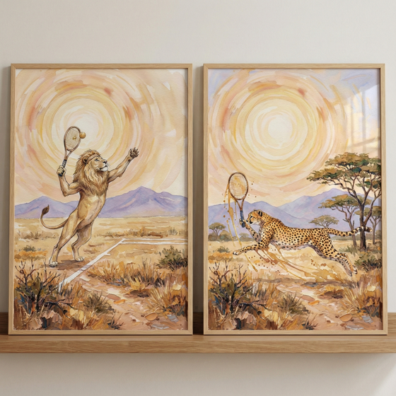 Two vertically oriented, light-wood framed illustrations are displayed side-by-side on a wooden shelf.  The illustration on the left depicts a lion with a prominent mane and a headband, standing on its hind legs in a dry savanna. It is captured in a dynamic pose, swinging a tennis racket at a small ball. The ground shows white court markings amidst dry brush and sandy soil. In the background, blue mountains sit under a large, pale yellow sun rendered with stylized concentric rings. 
