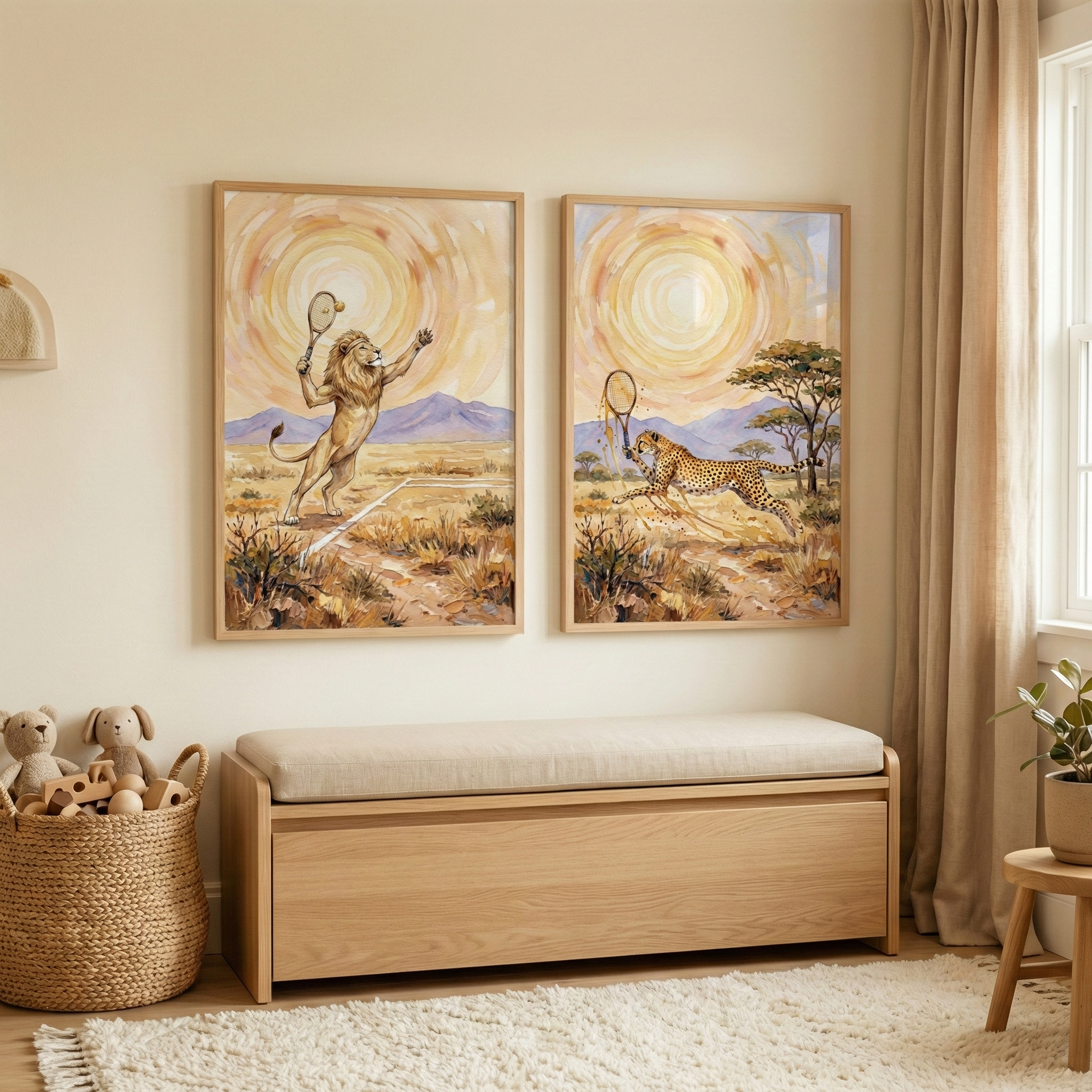 Tennis Safari Animals Wall Art Set of 2 - Savanna Tennis Duel