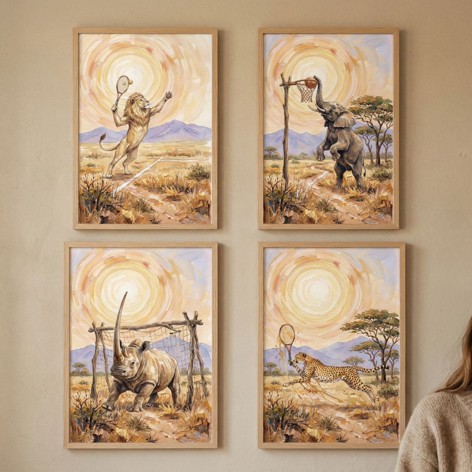 Four framed illustrations are displayed in a two-by-two grid on a neutral wall. Each artwork depicts a different savanna animal participating in a sport within a sun-drenched landscape. The top-left image shows a lion standing on two legs and holding a tennis racket. To its right, an elephant on its hind legs dunks a ball into a wooden hoop. Below, a rhinoceros charges toward a rustic soccer goal. The bottom-right piece features a cheetah running while swinging a racket. 